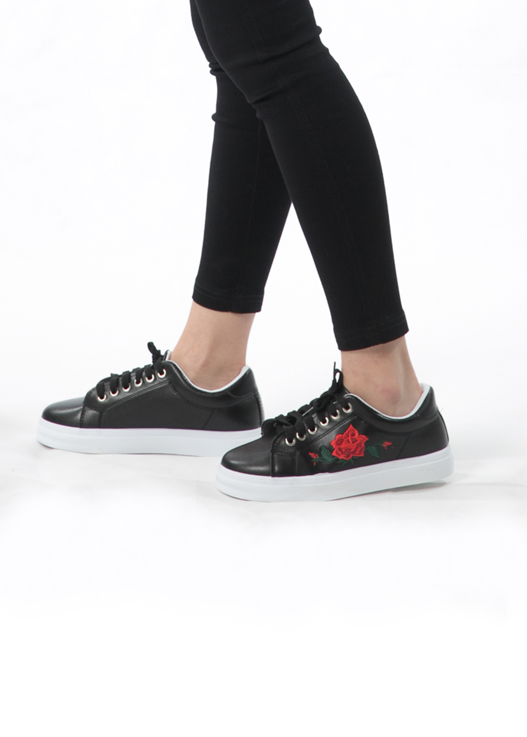 Pure Rose Blooming Embroidered Sneakers In Black • DREAMSCAPED